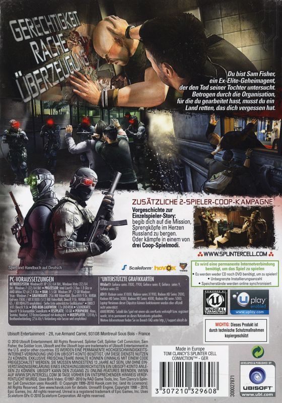 Other for Tom Clancy's Splinter Cell: Conviction (Windows): Keep Case - Alternate - Back