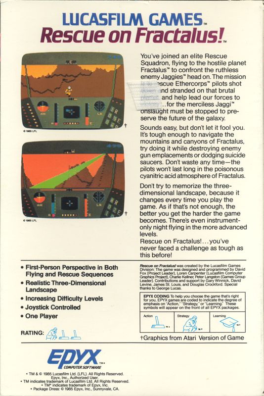 Back Cover for Rescue on Fractalus! (Atari 8-bit and Commodore 64)