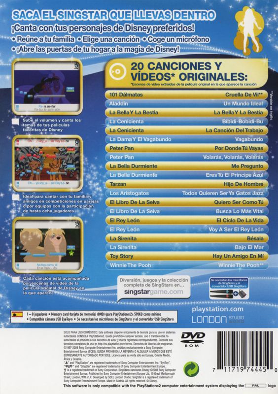 Back Cover for SingStar: Singalong with Disney (PlayStation 2)