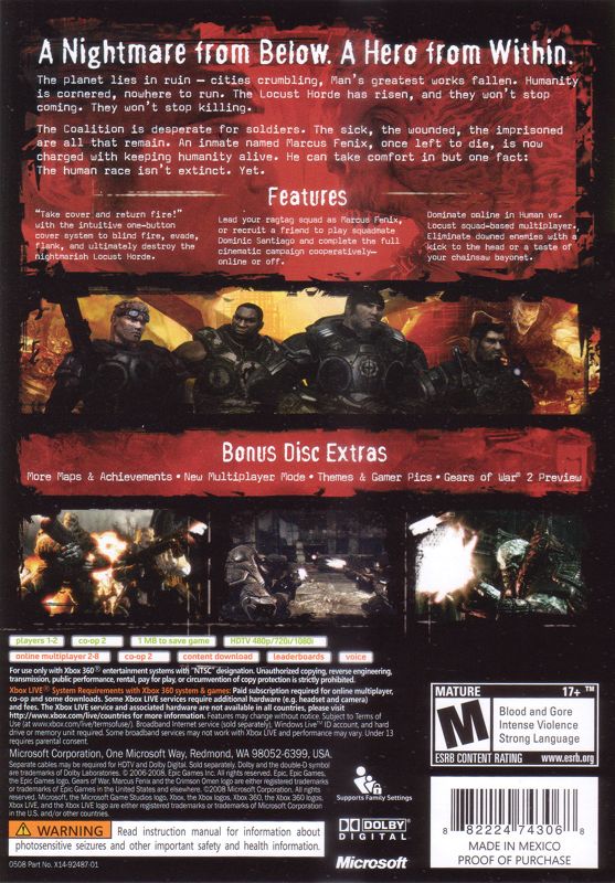 Back Cover for Gears of War (2-Disc Edition) (Xbox 360)