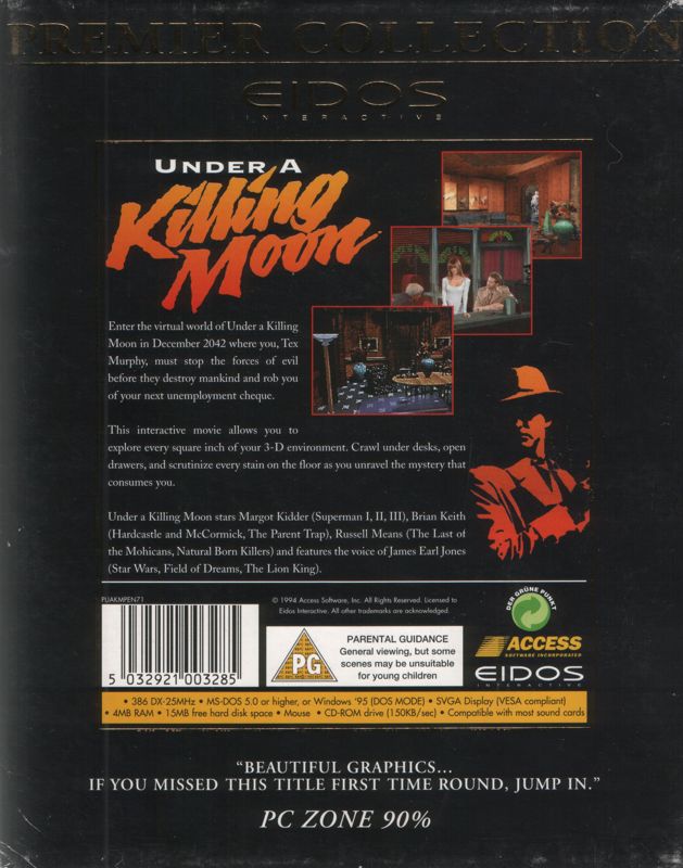 Back Cover for Under a Killing Moon (DOS) (Eidos Premier Collection release)