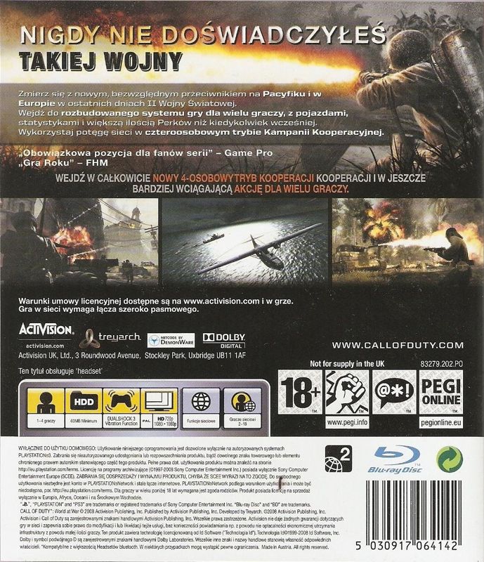 Back Cover for Call of Duty: World at War (PlayStation 3)