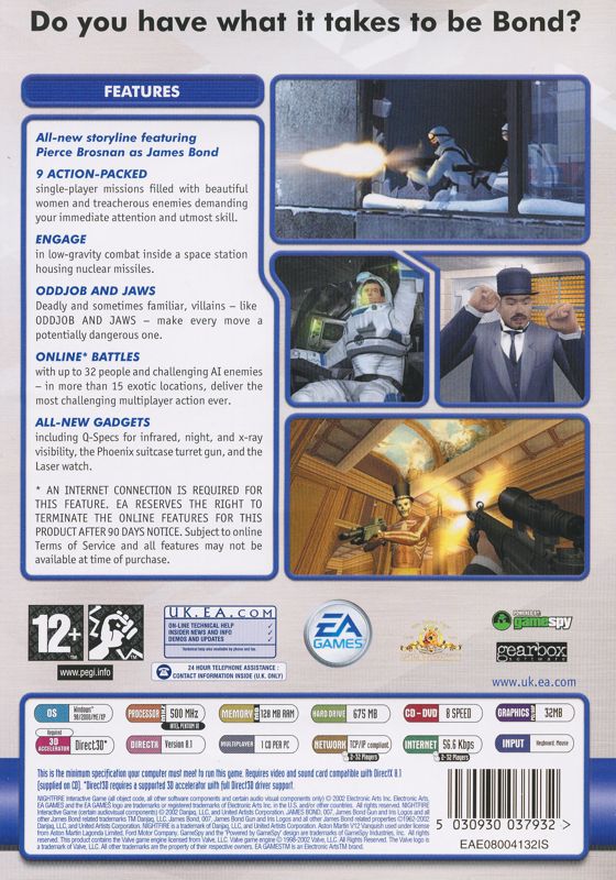 Back Cover for 007: Nightfire (Windows) (EA Classics release)