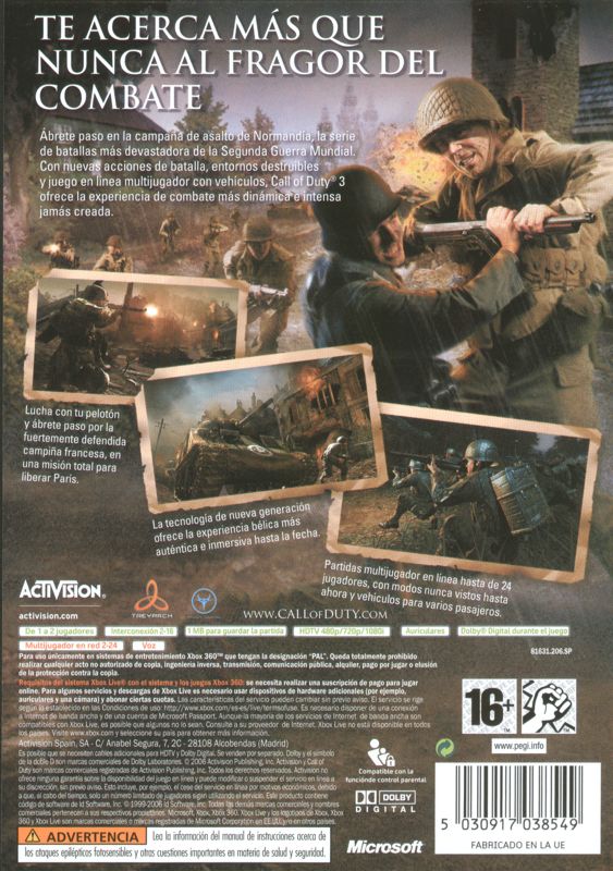 Back Cover for Call of Duty 3 (Xbox 360)