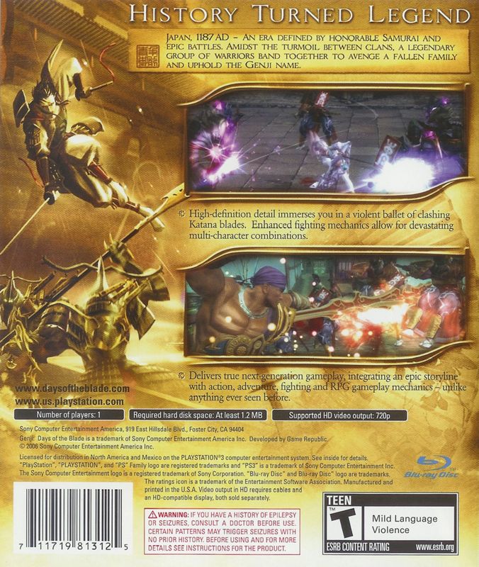 Back Cover for Genji: Days of the Blade (PlayStation 3)