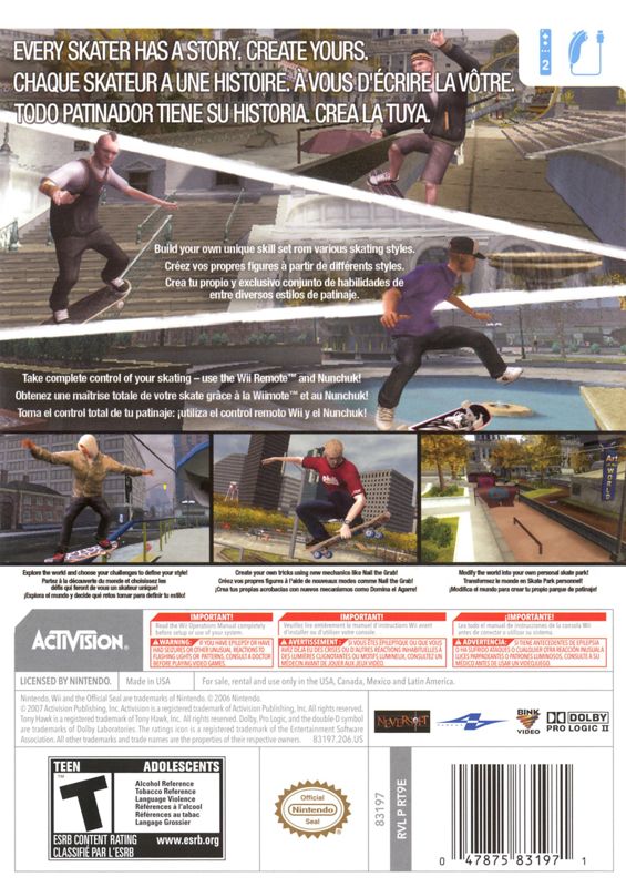 Back Cover for Tony Hawk's Proving Ground (Wii)