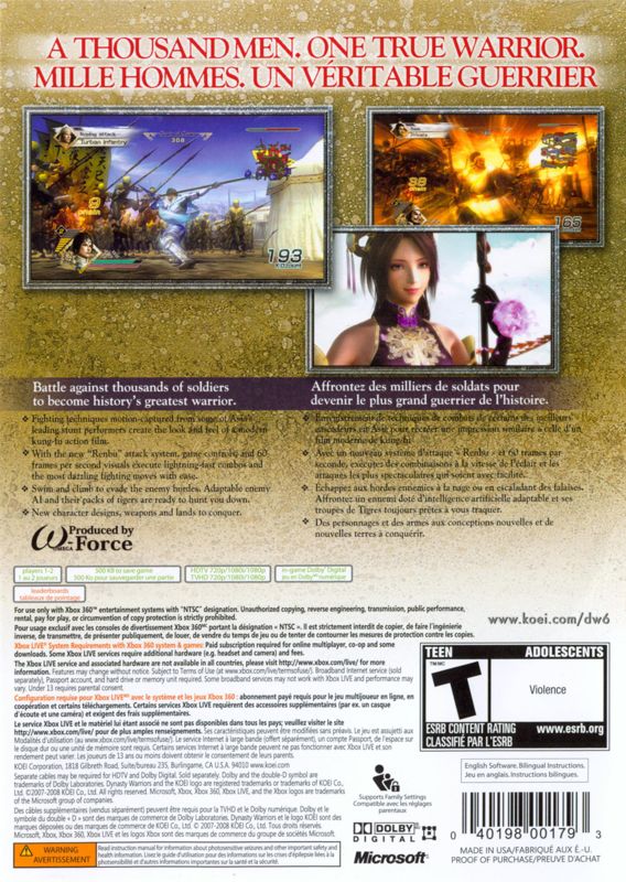 Back Cover for Dynasty Warriors 6 (Xbox 360)