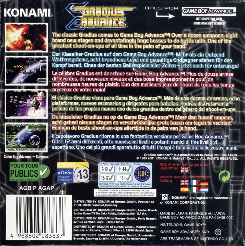 Back Cover for Gradius Galaxies (Game Boy Advance)