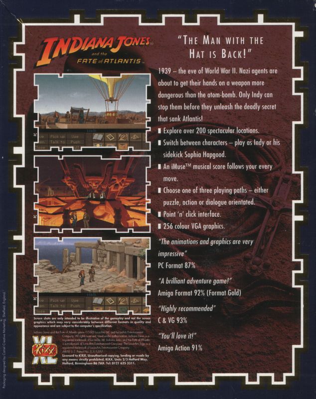 Back Cover for Indiana Jones and the Fate of Atlantis (DOS) (Kixx XL release)