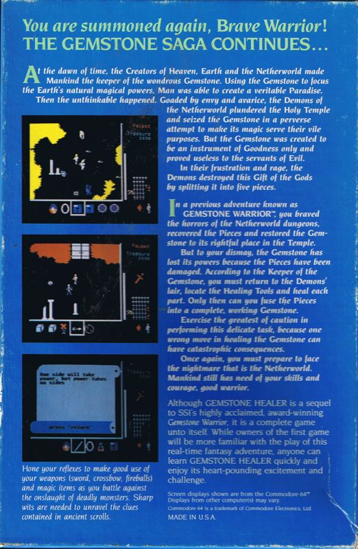 Back Cover for Gemstone Healer (Commodore 64)