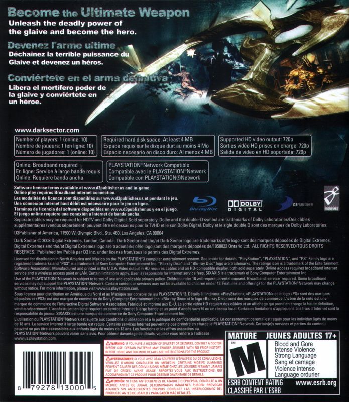 Back Cover for Dark Sector (PlayStation 3)