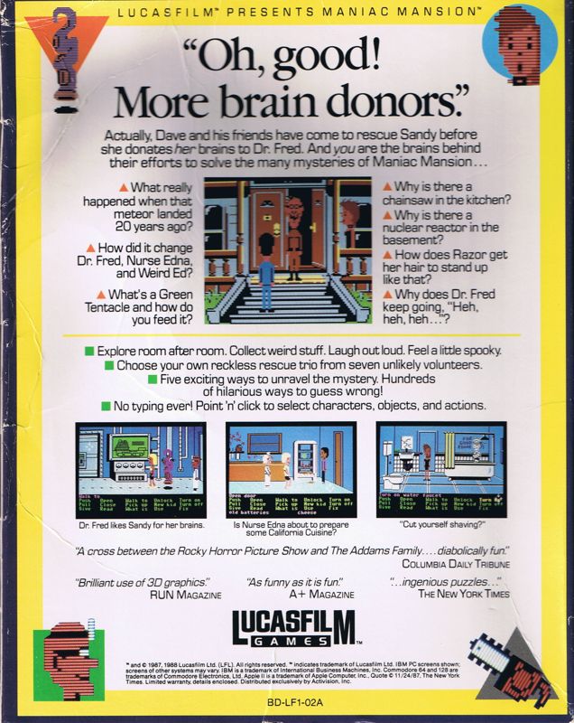 Back Cover for Maniac Mansion (Commodore 64)