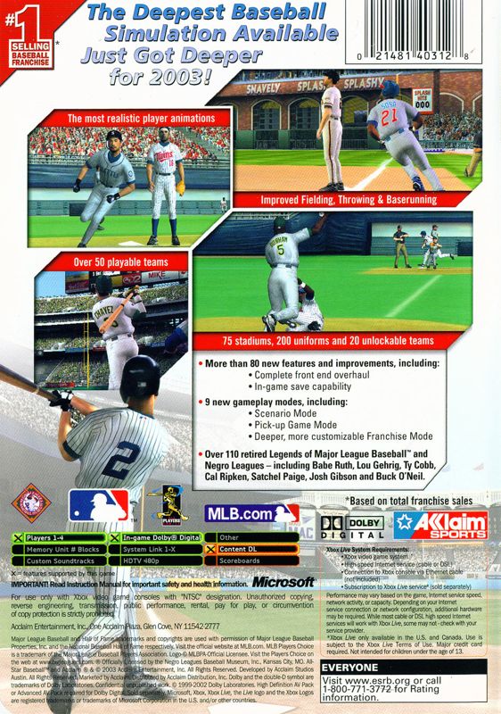 Back Cover for All-Star Baseball 2004 (Xbox)