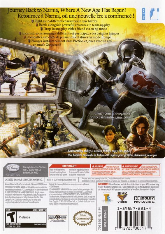 Back Cover for The Chronicles of Narnia: Prince Caspian (Wii)