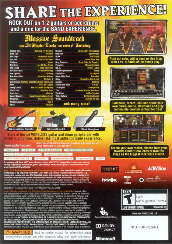Other for Guitar Hero: World Tour (Xbox 360) (Bundled with guitar controller, drum set, and microphone): Keep Case - Back