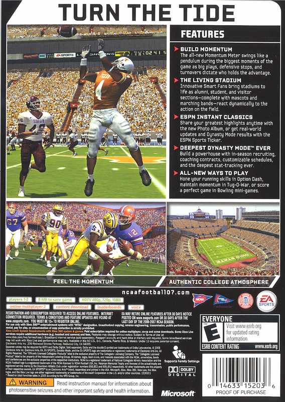 Back Cover for NCAA Football 07 (Xbox 360)