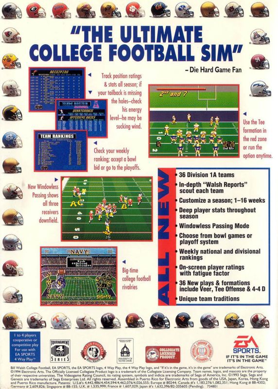 Back Cover for Bill Walsh College Football 95 (Genesis)