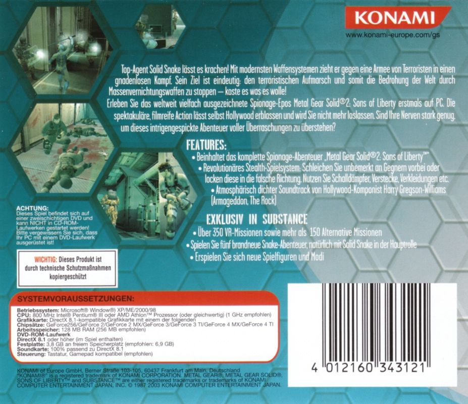 Back Cover for Metal Gear Solid 2: Substance (Windows) (Software Pyramide Release)