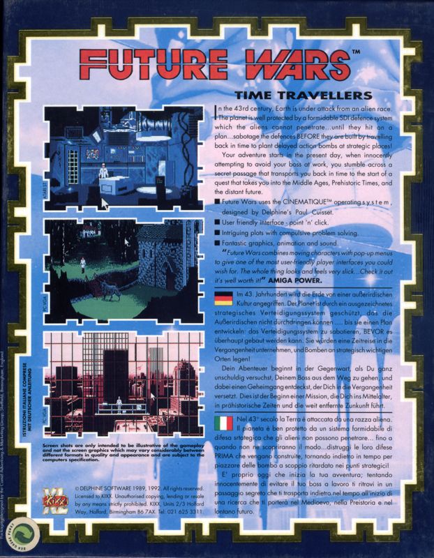 Back Cover for Future Wars: Adventures in Time (Amiga) (Kixx XL budget release)