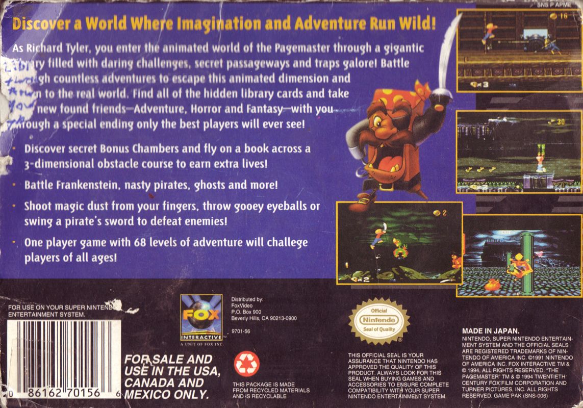 Back Cover for The Pagemaster (SNES)