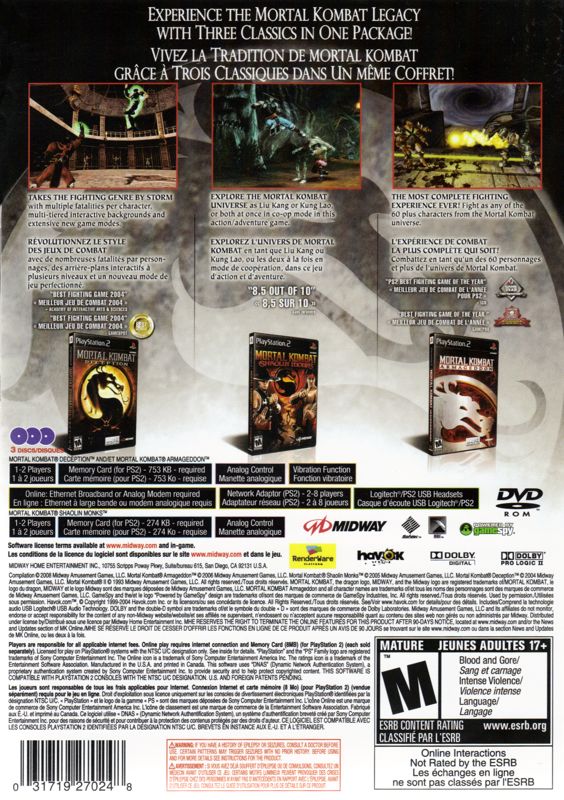 Back Cover for Mortal Kombat: Kollection (PlayStation 2)