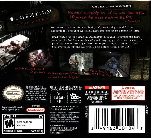 Back Cover for Dementium: The Ward (Nintendo DS)