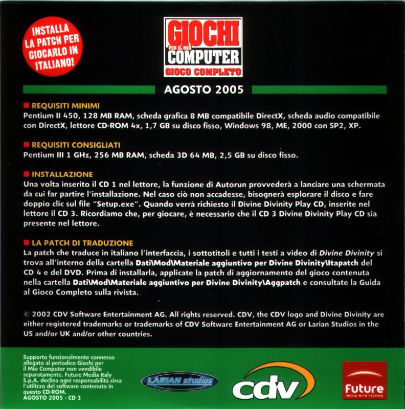 Back Cover for Divine Divinity (Windows) (Giochi per il mio computer n°8 8/2005 Disc 3 covermount)