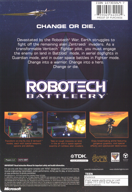 Back Cover for Robotech: Battlecry (Xbox)