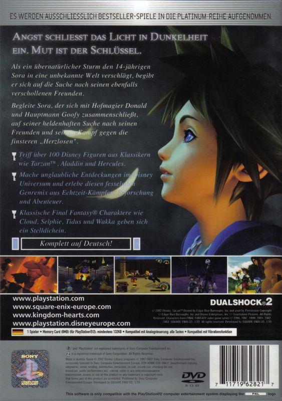 Back Cover for Kingdom Hearts (PlayStation 2) (Platinum release)
