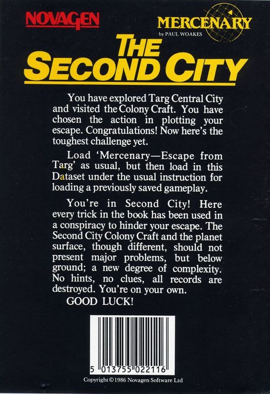 Back Cover for Mercenary: Escape from Targ - The Second City (Atari 8-bit and Commodore 64)