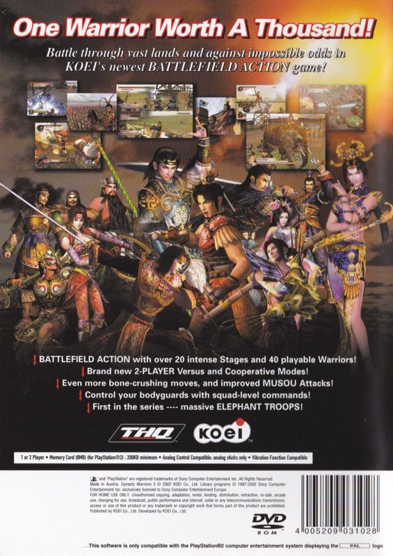 Back Cover for Dynasty Warriors 3 (PlayStation 2)