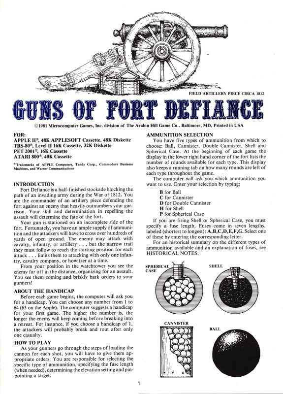 Manual for Guns of Fort Defiance (Apple II and Atari 8-bit and Commodore PET/CBM and TRS-80): Front
