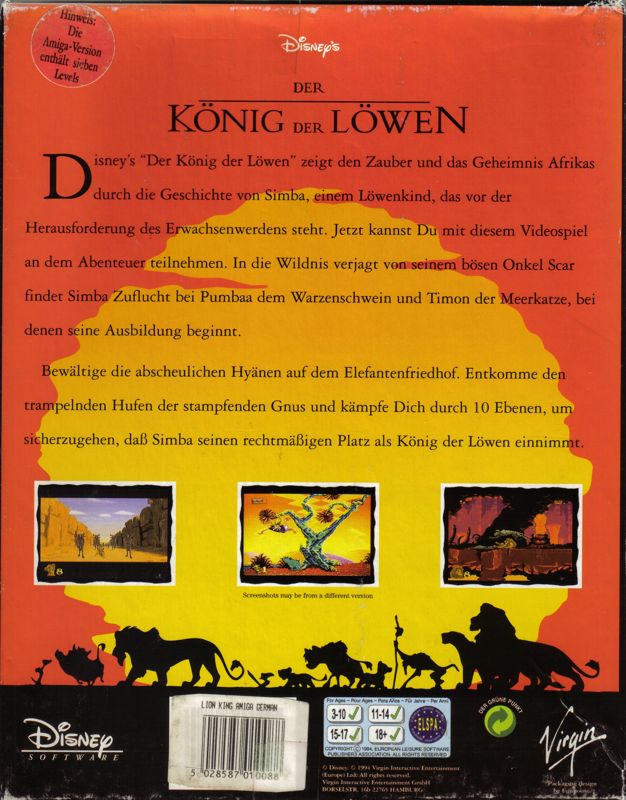 Back Cover for The Lion King (Amiga)