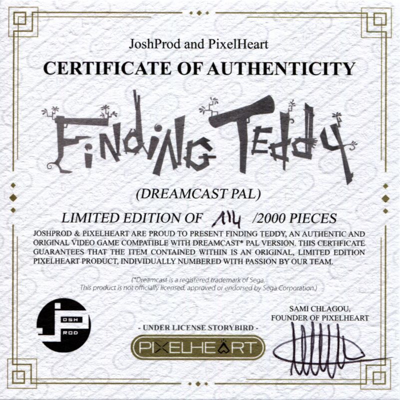 Extras for Finding Teddy (Dreamcast): Certificate of Authenticity