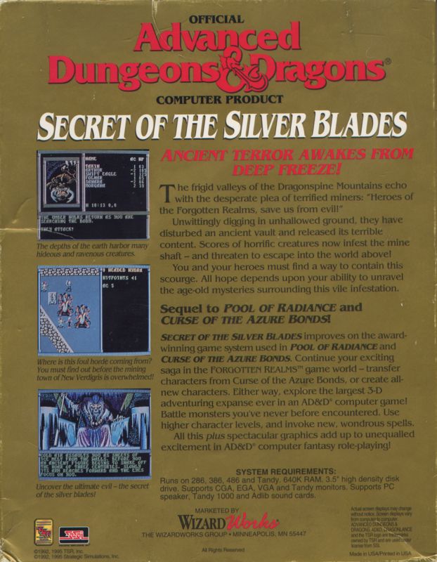 Back Cover for Secret of the Silver Blades (DOS) (1995 Wizard Works release)