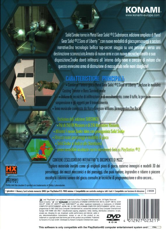 Back Cover for Metal Gear Solid 2: Substance (PlayStation 2)