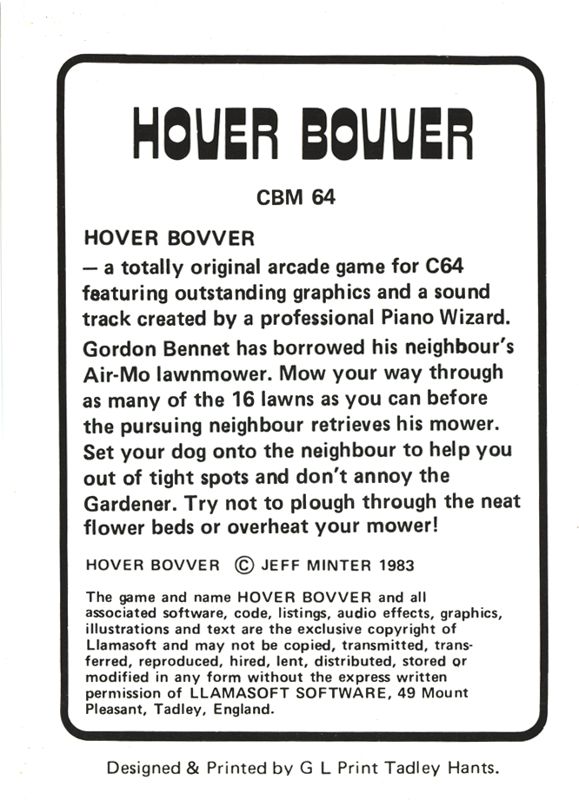 Back Cover for Hover Bovver (Commodore 64)