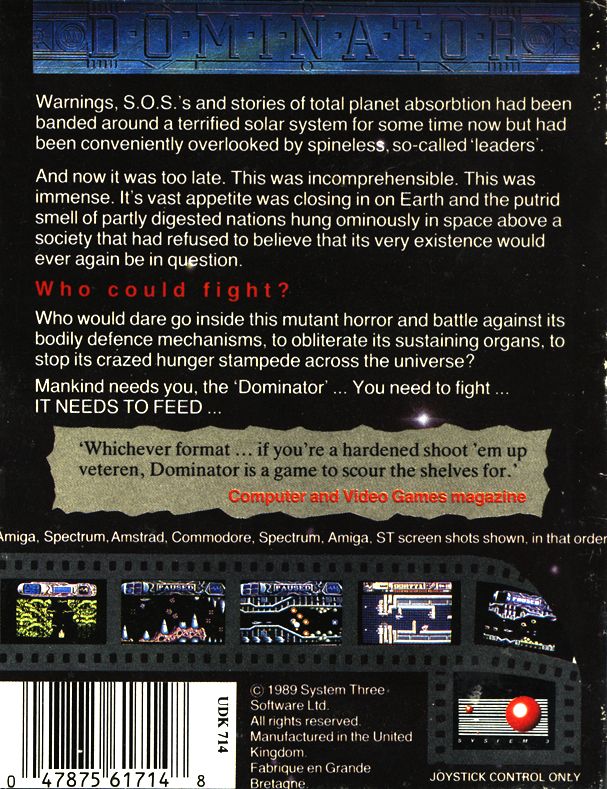 Back Cover for Dominator (Commodore 64)