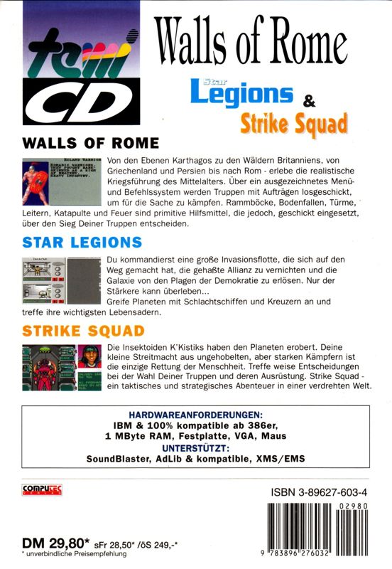 Back Cover for Walls of Rome, Star Legions & Strike Squad (DOS) (tewi CD release)