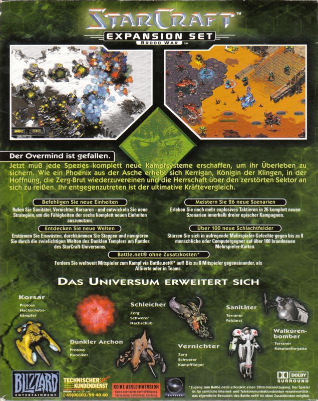 Back Cover for StarCraft: Brood War (Windows) (1st German release (game in English, box in German))