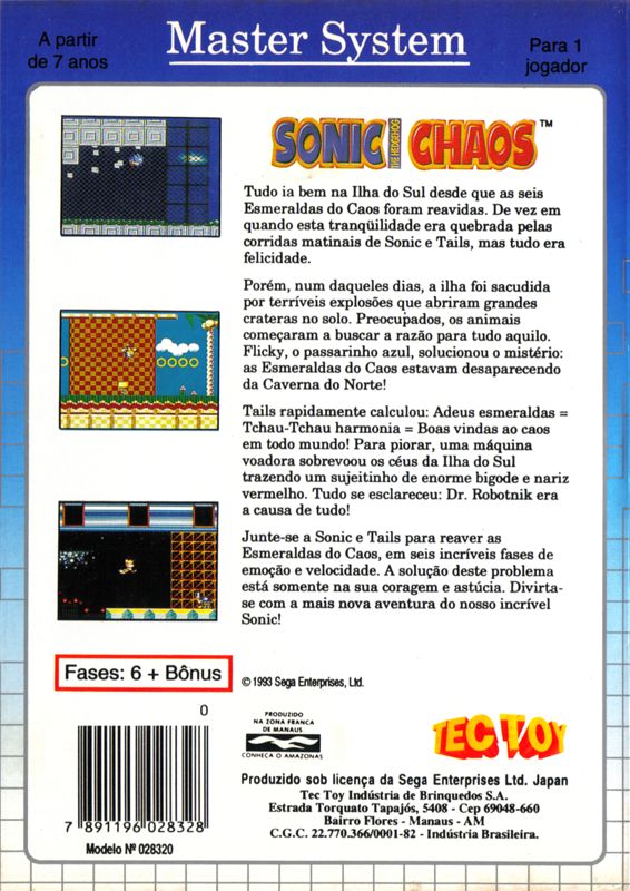 Back Cover for Sonic the Hedgehog Chaos (SEGA Master System)