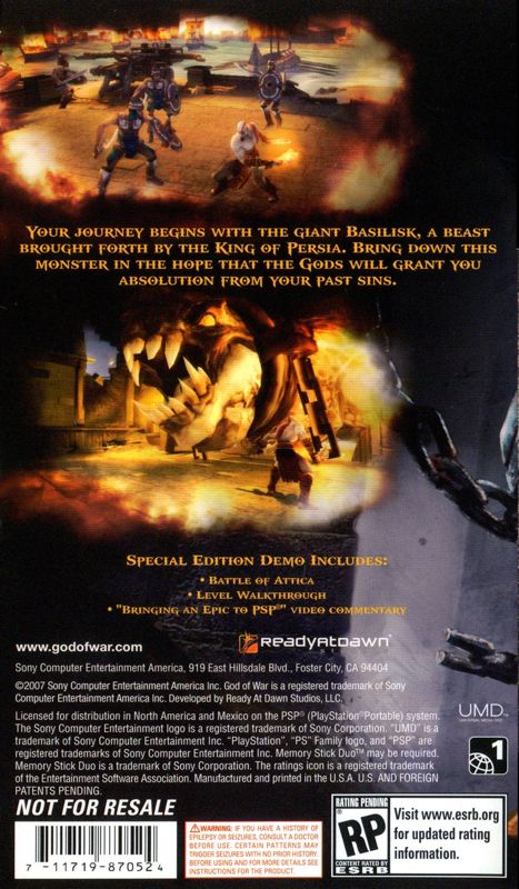Back Cover for God of War: Chains of Olympus (PSP) (Demo version)