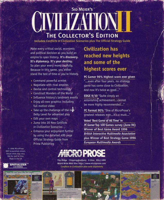 Back Cover for Sid Meier's Civilization II: The Collector's Edition (Windows 3.x)