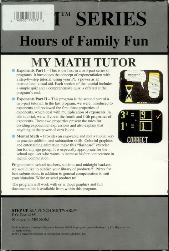 Back Cover for My Math Tutor (DOS)