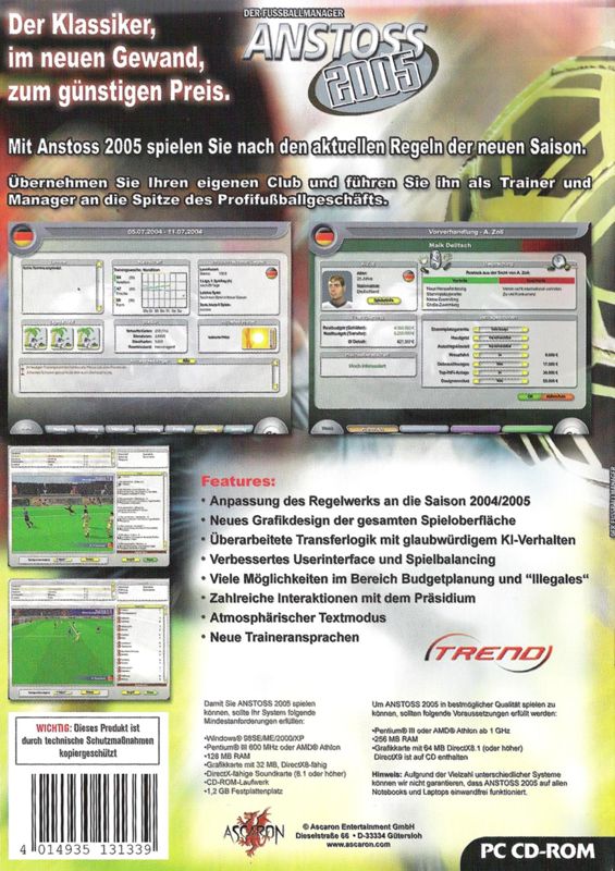 Back Cover for Anstoss 2005: Der Fussballmanager (Windows)