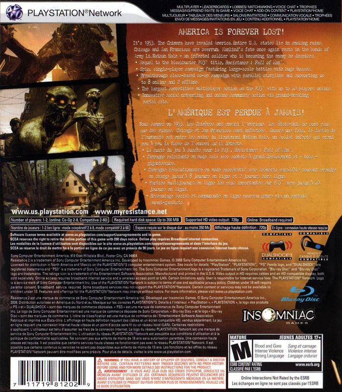 Back Cover for Resistance 2 (PlayStation 3)