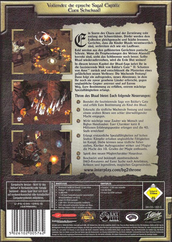 Back Cover for Baldur's Gate II: Throne of Bhaal (Windows)