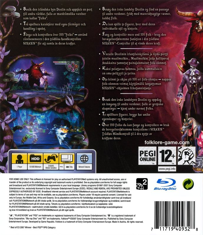 Back Cover for Folklore (PlayStation 3)