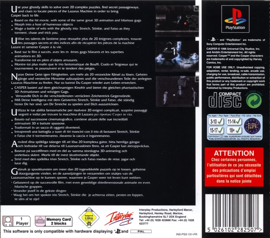 Back Cover for Casper (PlayStation)