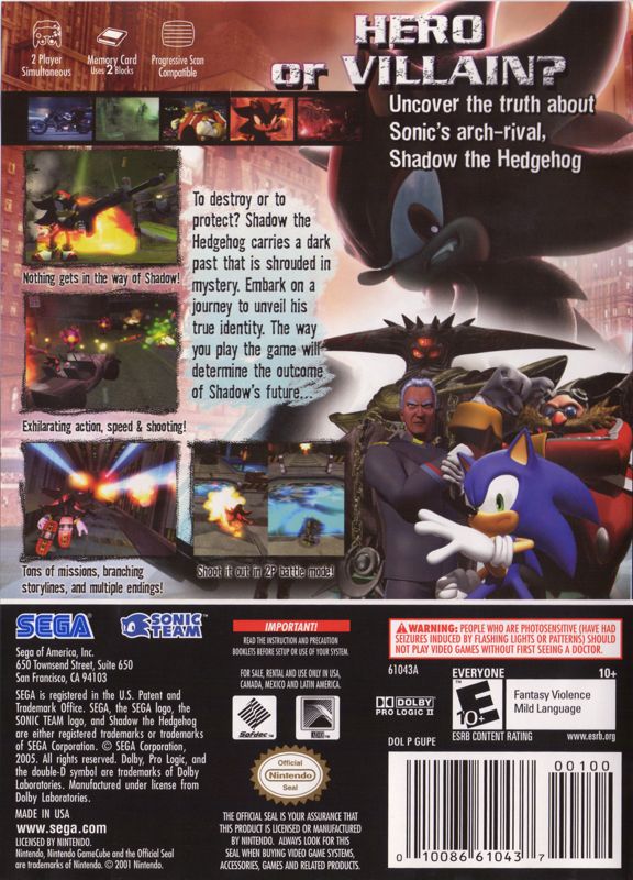 Back Cover for Shadow the Hedgehog (GameCube)